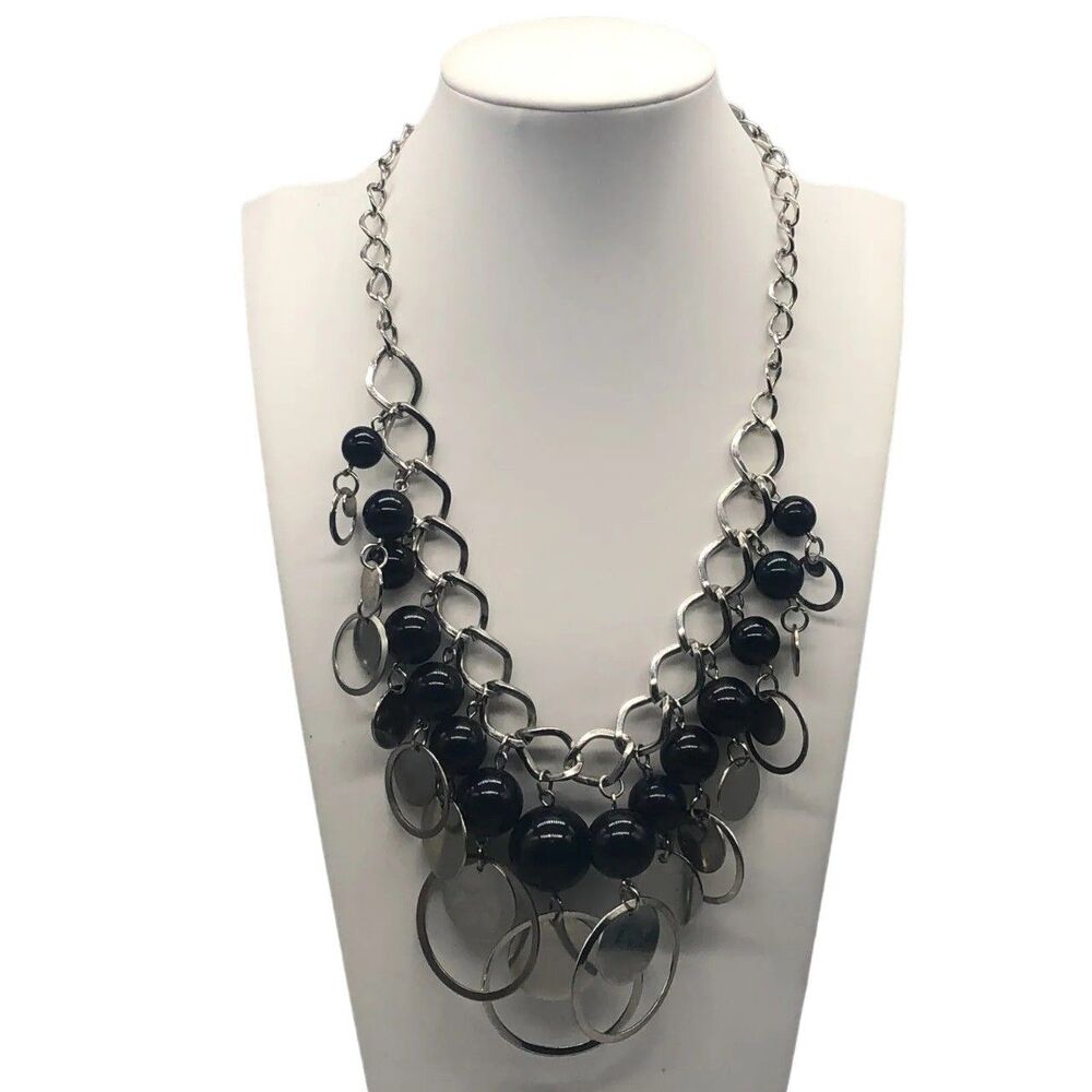 Vintage 90s Geometric Chunky Black and Silver Bib Statement Dangle Necklace